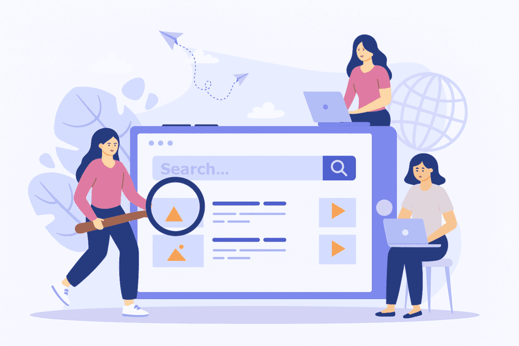 Illustration representing SEO expertise in Pune, featuring three women using laptops and a magnifying glass to explore search engine results, symbolizing keyword analysis, search optimization, and digital strategy. Ask ChatGPT