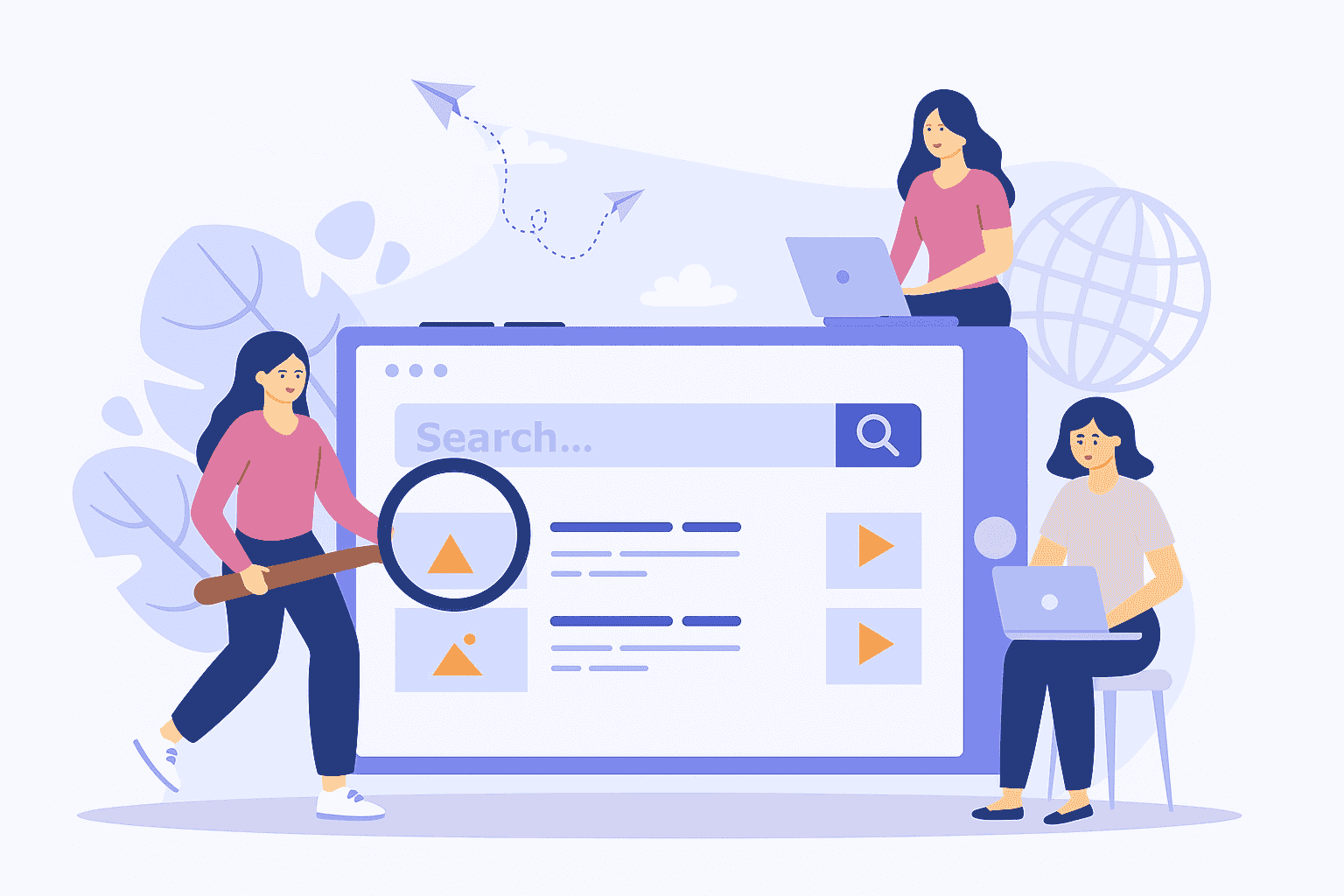 Illustration representing SEO expertise in Pune, featuring three women using laptops and a magnifying glass to explore search engine results, symbolizing keyword analysis, search optimization, and digital strategy. Ask ChatGPT