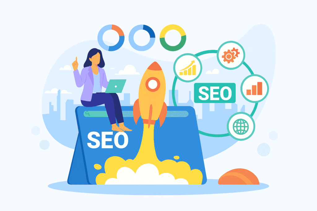 Illustration of a female SEO specialist in Pune analyzing website performance with rocket launch symbolizing SEO growth, surrounded by analytics and optimization icons.