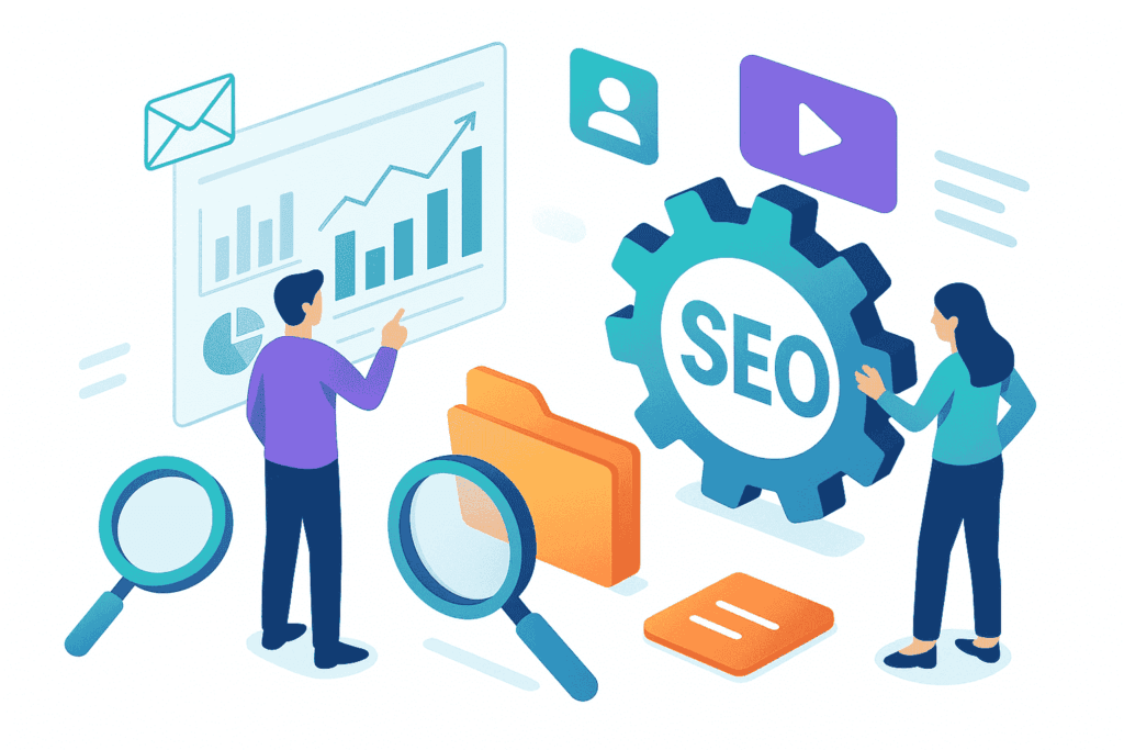 Isometric illustration of two digital marketers optimizing SEO strategies—one analyzing performance metrics on a transparent dashboard, the other adjusting SEO settings with a gear icon—representing expert SEO services by a freelance SEO specialist in Pune.