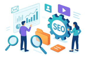 Isometric illustration of two digital marketers optimizing SEO strategies—one analyzing performance metrics on a transparent dashboard, the other adjusting SEO settings with a gear icon—representing expert SEO services by a freelance SEO specialist in Pune.