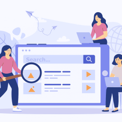 Illustration representing SEO expertise in Pune, featuring three women using laptops and a magnifying glass to explore search engine results, symbolizing keyword analysis, search optimization, and digital strategy. Ask ChatGPT