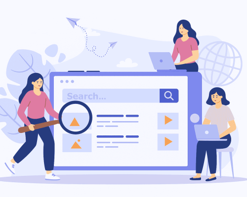 SEO expert in pune Illustration representing SEO expertise in Pune, featuring three women using laptops and a magnifying glass to explore search engine results, symbolizing keyword analysis, search optimization, and digital strategy. Ask ChatGPT